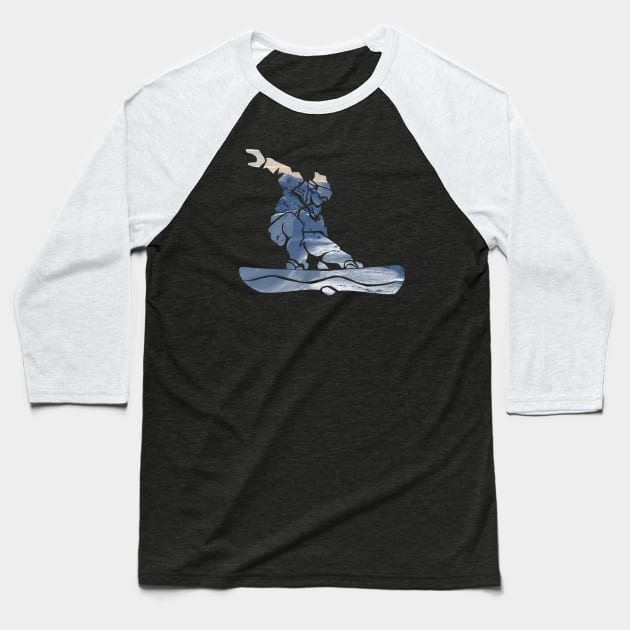 Cool Snowboarder Outline with Winter Mountains Baseball T-Shirt by boobear247